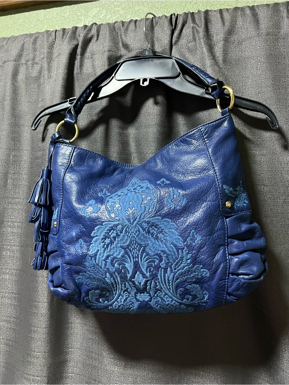 Rare Fire by Isabella Fiore Blue Embroidered Leather Hobo Bag Purse Hard To Find